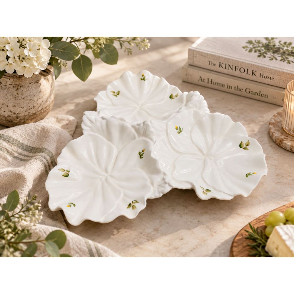 Vintage White Ceramic Leaf Serving Dish 3 Section Divided Platter Floral